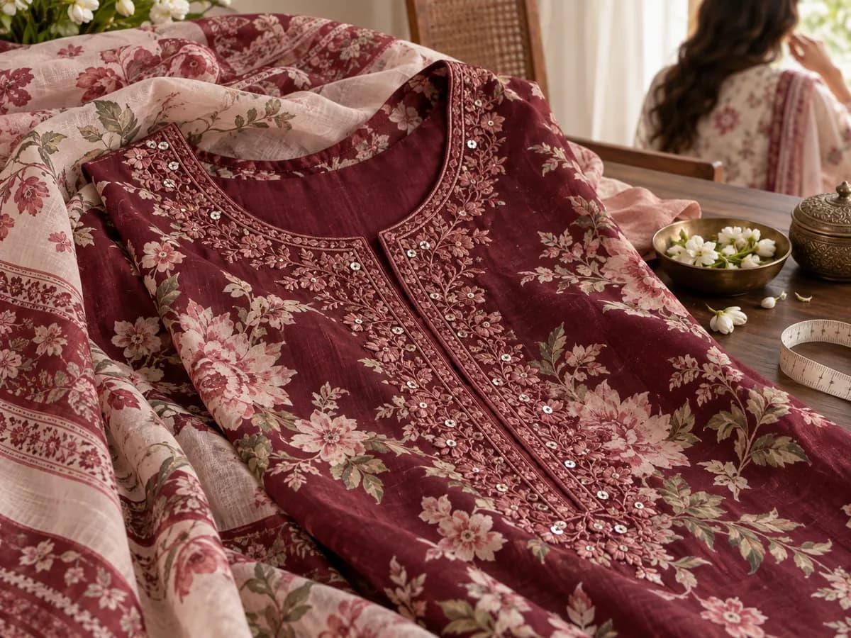 Close-up of printed lawn fabric with embroidered neckline