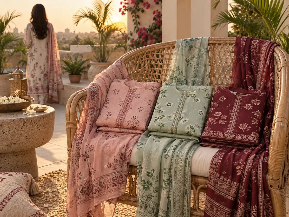 Folded lawn suits with dupattas on a rattan chair