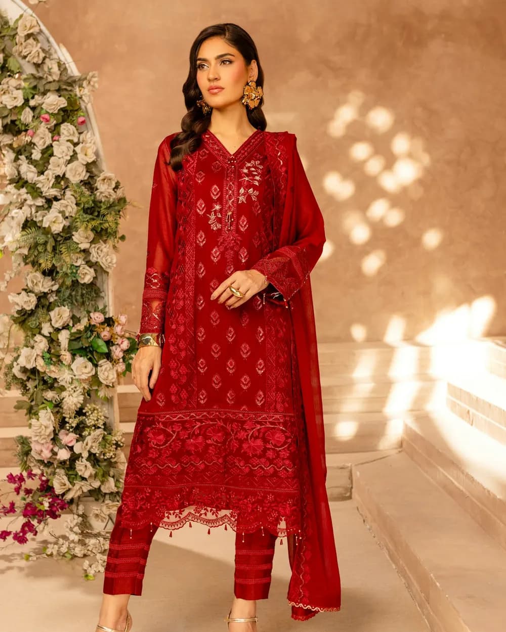 Red embroidered kurta with straight trousers